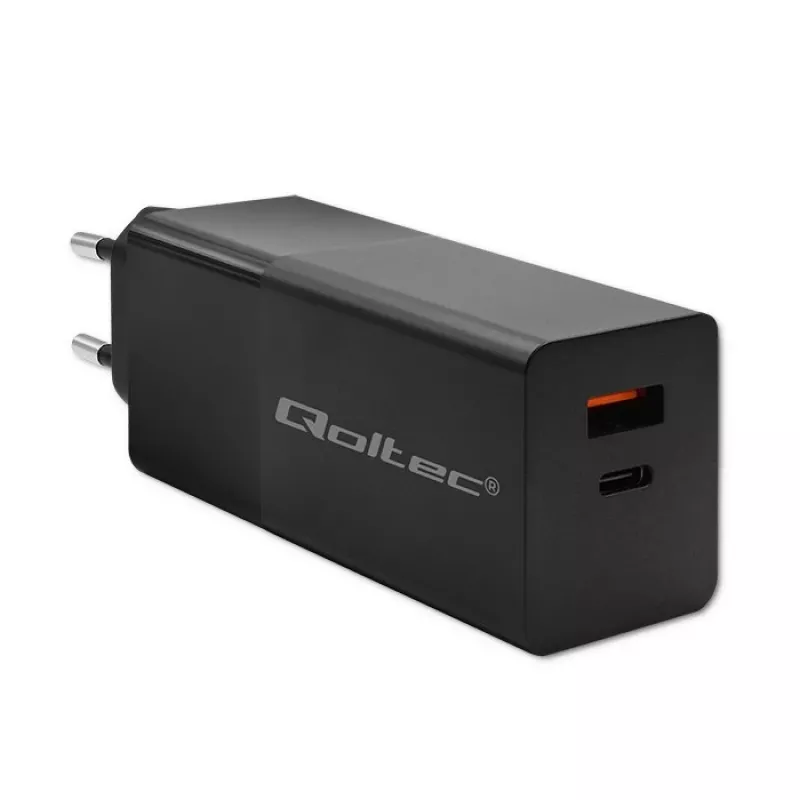 Qoltec 52382 GaN POWER PRO įkroviklis | 1xUSB Type-C | 1xUSB A | 100W | 5-20V | 1.5-5A | PD | Juodas