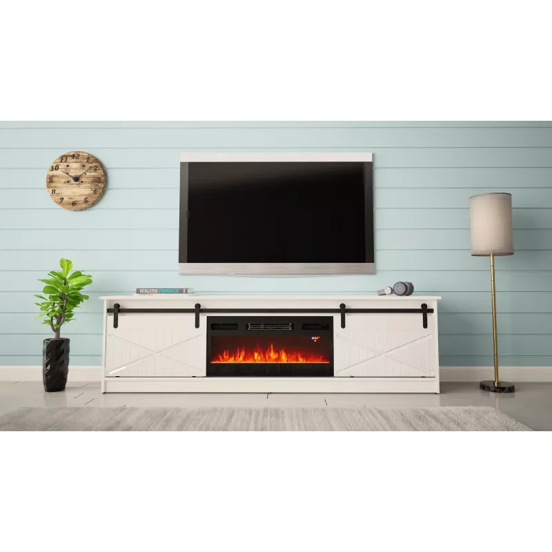 Spintelė TV su elektriniu židiniu Cama Meble GRANERO modelis RTV GRANERO + KOM B/B, 200x56,7x35 cm, balta/blizganti balta, 2 durys, 2 lentynos, MDF/medžio drožlių plokštė