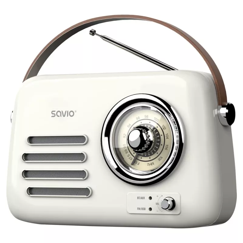 Nešiojamas radijo imtuvas SAVIO RS-02 – analoginis FM imtuvas, Bluetooth 5.3, USB maitinimas, 3 W, baltas