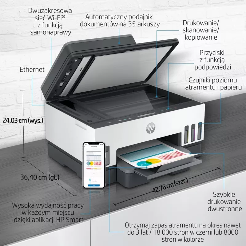 Daugiafunkcis spausdintuvas HP Smart Tank 750 su nuolatiniu rašalu, spalvotas, Wi-Fi, Smart App, dvipusis, ADF automatinis dokumentų tiektuvas