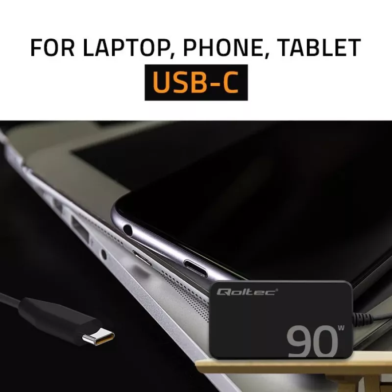 Qoltec 90W GaN Super Fast SLIM sieninis įkroviklis | XP | 5-20V | 4,5A | USB-C 3.1 | Nešiojamam kompiuteriui | MacBook | Išmaniajam telefonui | + laidas