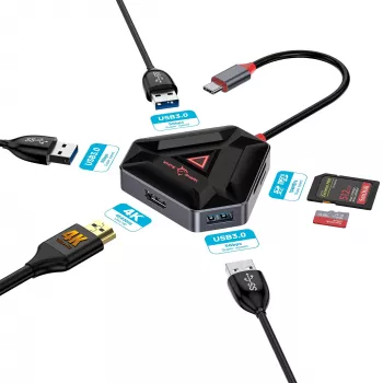 USB-C šakotuvas SBOX HEXAGON 6-in-1 su HDMI ir Ethernet, Type-C, baltas