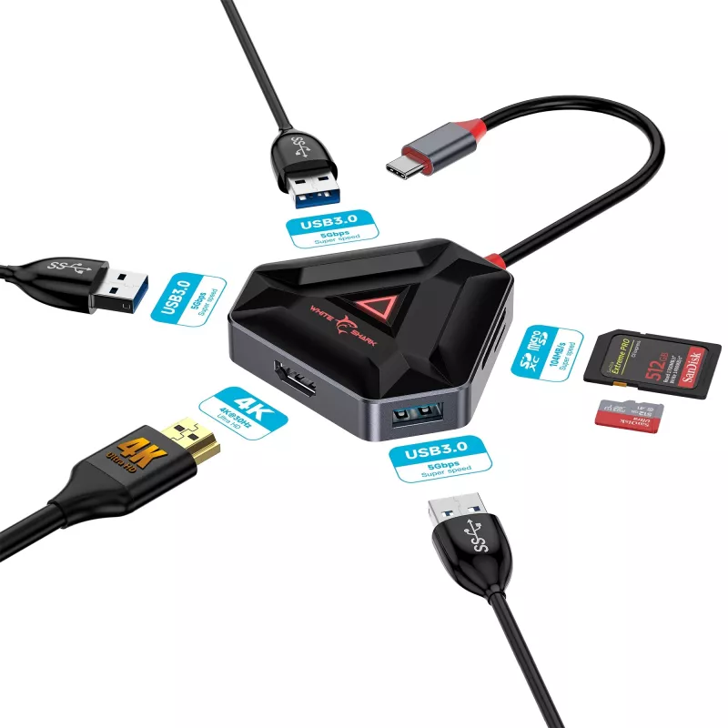 USB-C šakotuvas SBOX HEXAGON 6-in-1 su HDMI ir Ethernet, Type-C, baltas