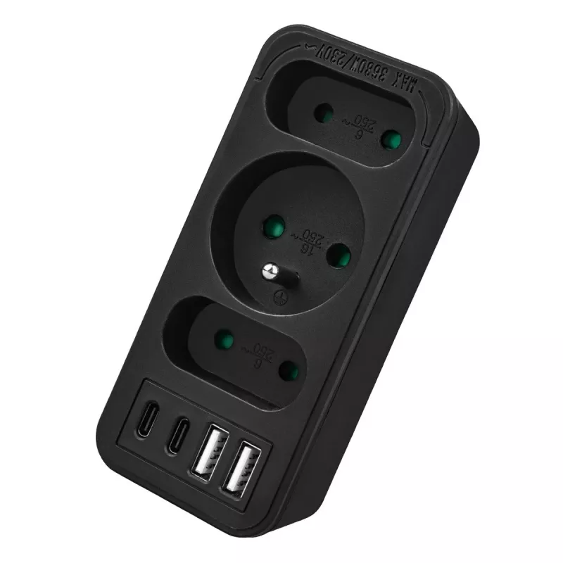 Maitinimo skirstytuvas MACLEAN MCE248 F/B – 3 AC lizdai (1x16A, 2x6A) ir 4 USB prievadai (2xUSB‑A, 2xUSB‑C PD 20W), EU kištukas, juodas