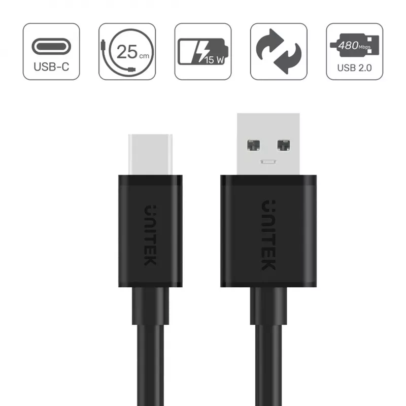 UNITEK USB laidas USB-A — USB-C 25CM, Y-C480BK