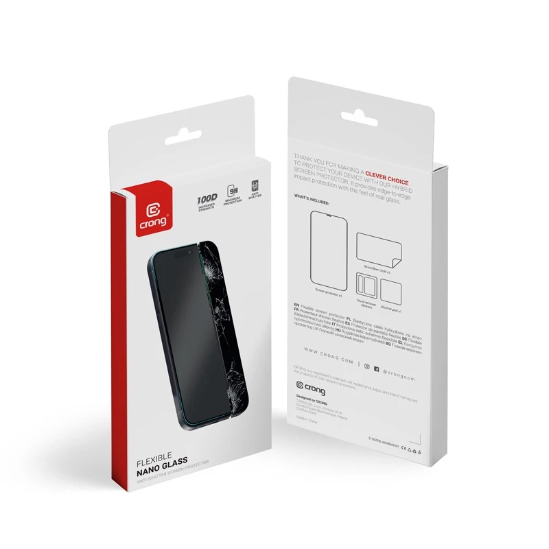 Crong CRG-NANO-IP61 hibridinis stiklinis ekrano apsauginis stikliukas iPhone 15, 9H kietumas, atsparus įbrėžimams