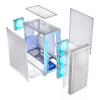 PC korpusas LOGIC Dart Pro Midi ARGB baltas — Midi Tower, ATX, 456×200×385 mm, max GPU 34 cm, CPU aušintuvo aukštis 155 mm, 3x120mm priekyje + 1x120mm gale, USB 3.0 x2, USB-C x1