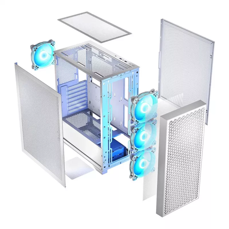 PC korpusas LOGIC Dart Pro Midi ARGB baltas — Midi Tower, ATX, 456×200×385 mm, max GPU 34 cm, CPU aušintuvo aukštis 155 mm, 3x120mm priekyje + 1x120mm gale, USB 3.0 x2, USB-C x1
