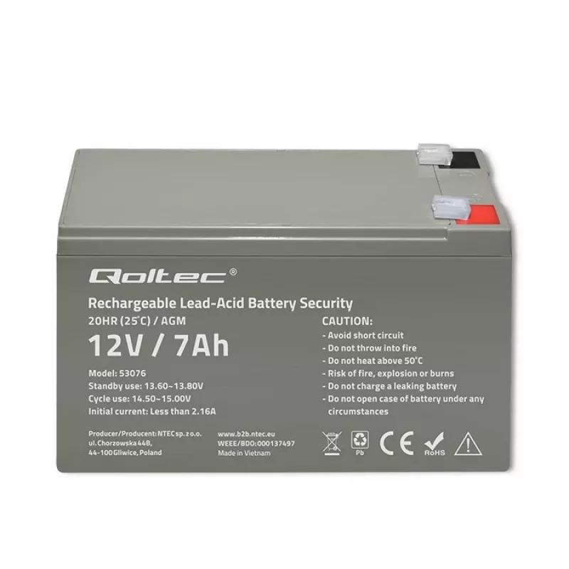 Qoltec 53076 AGM baterija | 12V | 7Ah | Apsaugos sistemoms