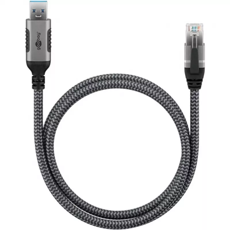 Ethernet kabelis USB-A 3.2 Gen1 kištukas > RJ-45 kištukas, LAN adapteris juodas/sidabrinis, 2 metrai, pintas tekstilinis apvalkalas