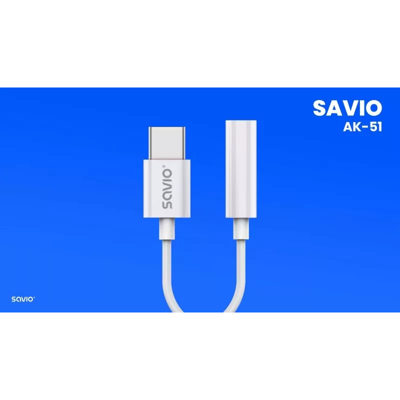 USB Type-C (M) – Jack 3,5 mm (M) garso adapteris baltas SAVIO AK-51