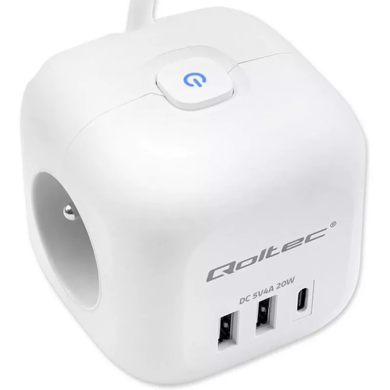 Power Cube QOLTEC 52547 ilgintuvas 3×AC lizdai, 2×USB-A, 1×USB-C PD 20W