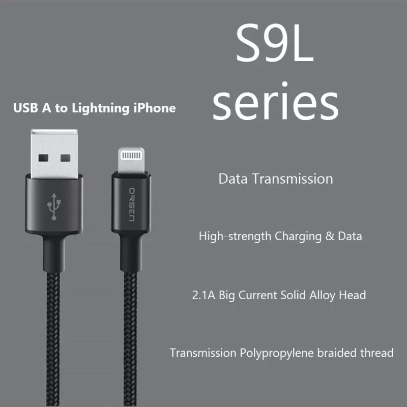 USB-A į Lightning laidas Orsen S9L 1 m 2,1 A – juodas
