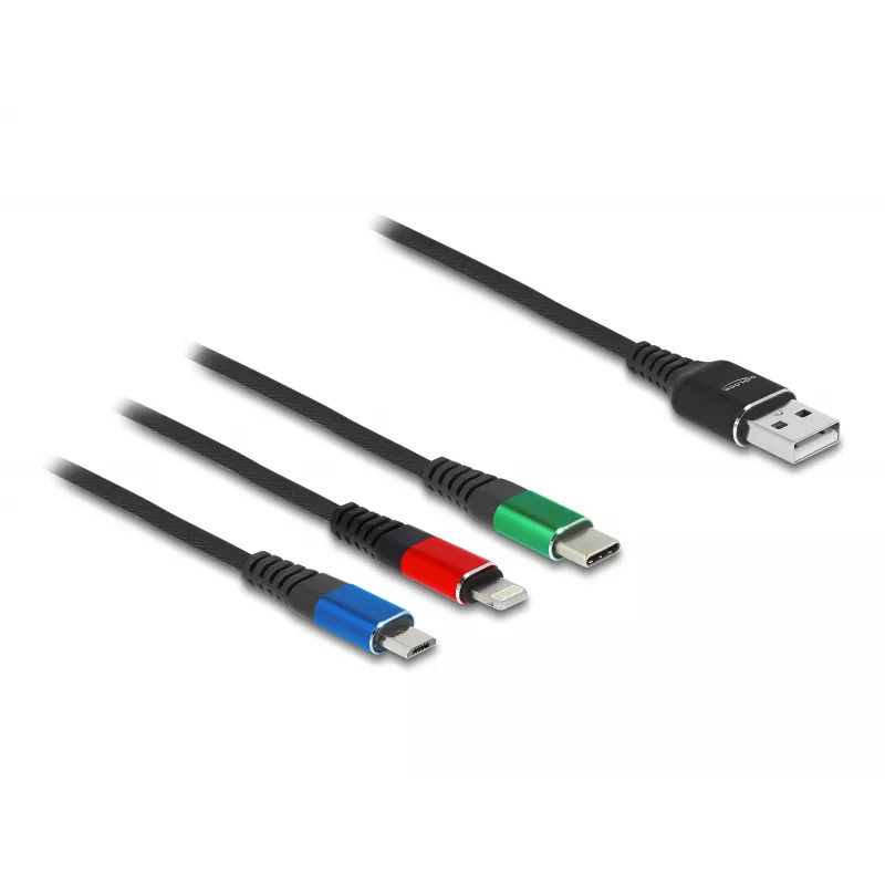 DeLOCK 90156 USB įkrovimo kabelis 3-in-1, Type-A į Lightning / Micro USB / USB Type-C, 2 m, daugiaspalvis