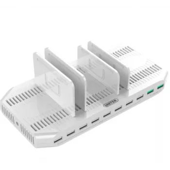 Įkrovimo stotelė Unitek Y-2190A — 10× USB prievadų (8×USB 2.0 + 2×USB 3.2 Gen1), belaidis įkrovimas, 96 W