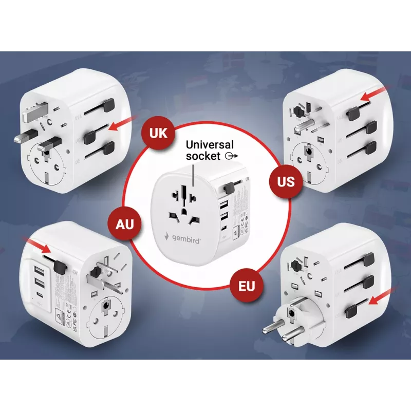 Kelioninis adapteris GEMBIRD TPA-EU2A1C15-01-W — 15W, kištukas E tipas, 2× USB-A + 1× USB-C, 100–250V