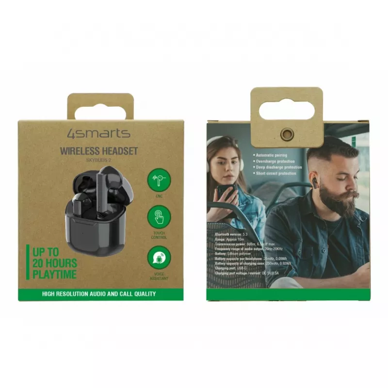 4smarts True Wireless Bluetooth SkyBuds 2 ENC juodos spalvos – belaidės ausinės, 20 KHz