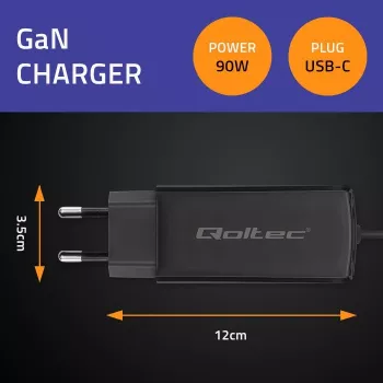 QOLTEC 52420 GaN 90W USB-C PD įkroviklis, 5–20V 3A/4.5A, 1,8 m laidas, juodas