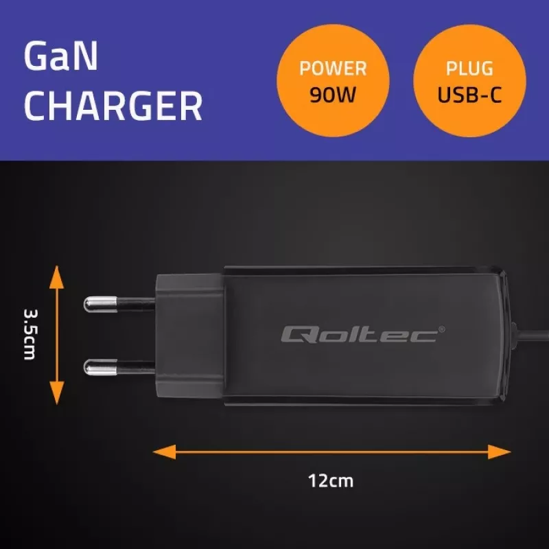 QOLTEC 52420 GaN 90W USB-C PD įkroviklis, 5–20V 3A/4.5A, 1,8 m laidas, juodas