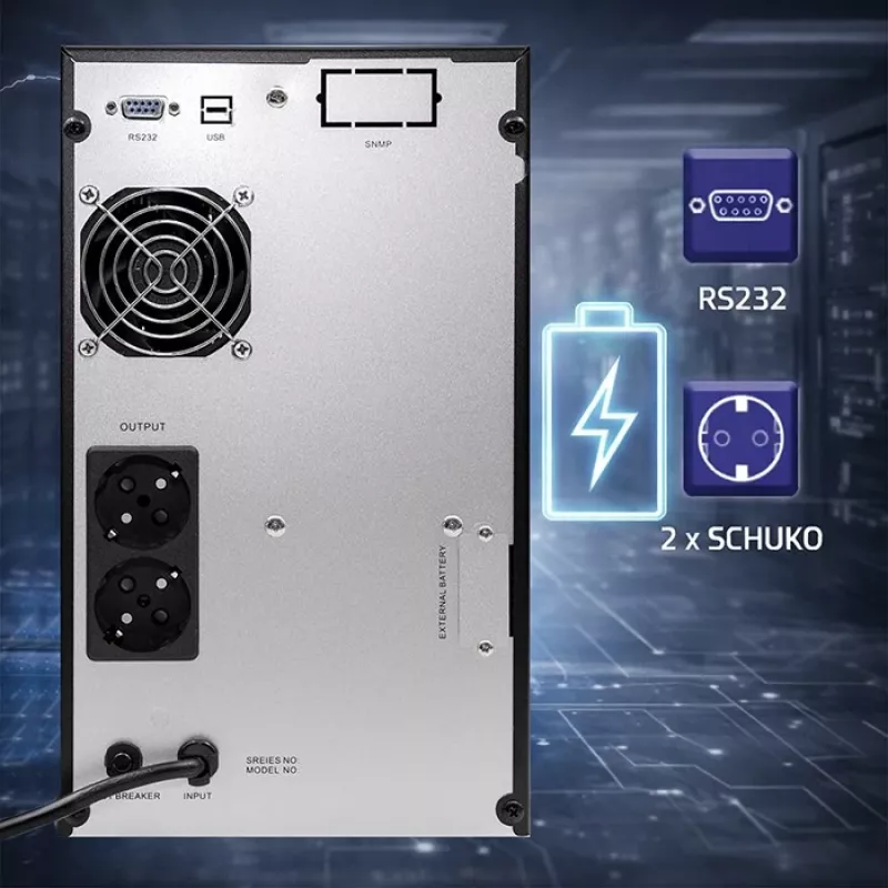 UPS QOLTEC gryno sinuso banga 2kVA 1600W su AVR ir LCD ekranu