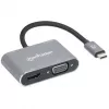 Manhattan USB-C dokų stotelė / šakotuvas, 4 prievadai: HDMI, USB-A, USB-C ir VGA, su Power Delivery (PD) 87W – reikalingas išorinis USB-C įkroviklis (neįtrauktas). Maitinama per USB (nereikia išorinio maitinimo šaltinio), kai PD nenaudojamas. Aliuminis