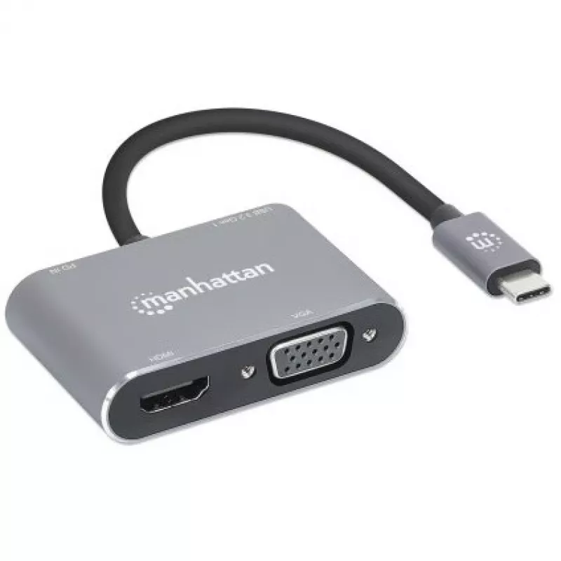 Manhattan USB-C dokų stotelė / šakotuvas, 4 prievadai: HDMI, USB-A, USB-C ir VGA, su Power Delivery (PD) 87W – reikalingas išorinis USB-C įkroviklis (neįtrauktas). Maitinama per USB (nereikia išorinio maitinimo šaltinio), kai PD nenaudojamas. Aliuminis