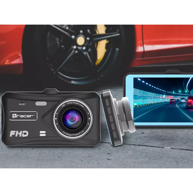 Vaizdo registratorius TRACER 4TS Full HD dviejų kamerų, 2 MP priekinė, 0.4 MP salono, 140°/60° kampai, 4 colių IPS ekranas, 150 mAh baterija, aliumininis korpusas, stovėjimo pagalba