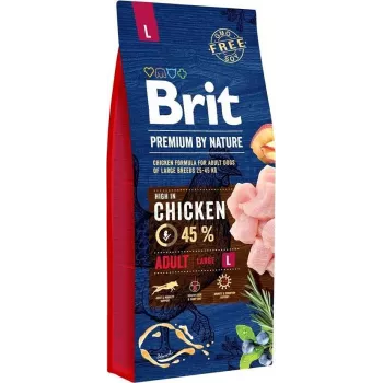 Sausas šunų ėdalas Brit Premium by Nature ADULT L 15 kg — Vištiena, Didelės veislės, Baltymai 27%, Riebalai 14%