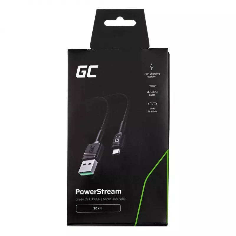 USB 2.0 kabelis Green Cell KABGC23, USB A į Micro-USB B, 0,3 m, juodas