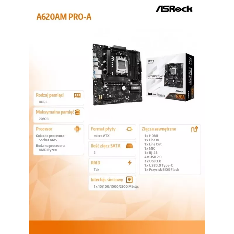 ASRock A620AM PRO-A AM5 Micro-ATX pagrindinė plokštė