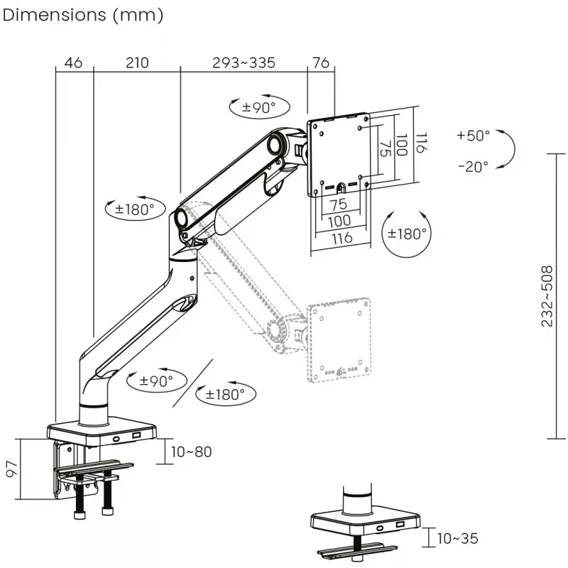 Monitorio laikiklis DIGITUS Single, spaustuvinis, iki 49 colių (124,5 cm), 20 kg, VESA 75x75–100x100, pakreipimas -20° iki 50°, aukščio reguliavimas, juodas