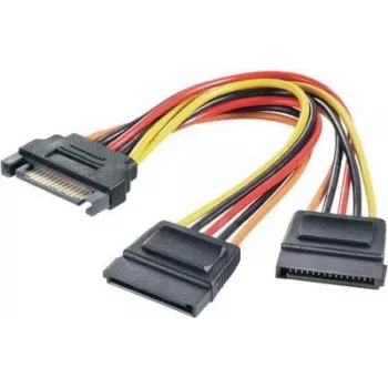 Maitinimo Y-Adapteris Renkforce 1× SATA maitinimo kištukas 15‑kontaktis į 2× SATA maitinimo lizdus 15‑kontakčius, 0,15 m, juoda/raudona/geltona