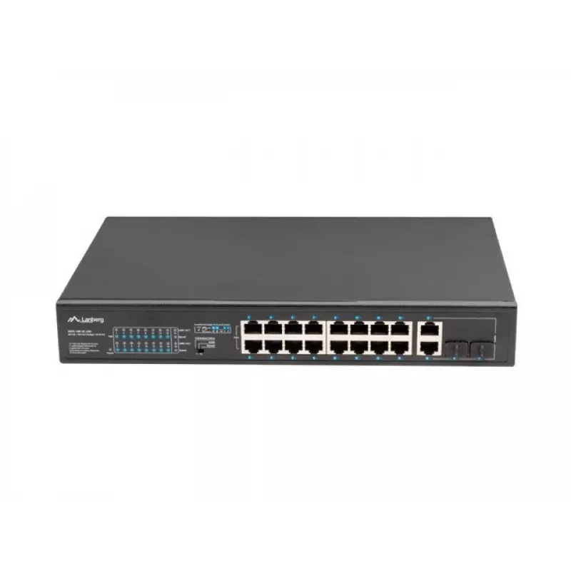 Nevaldomas jungiklis LANBERG RSFE-16P-2C-250 — 18 prievadų Gigabit, 16x PoE+ (30W), 2x SFP, 250W, 1U, metalinis, montuojamas į stelažą