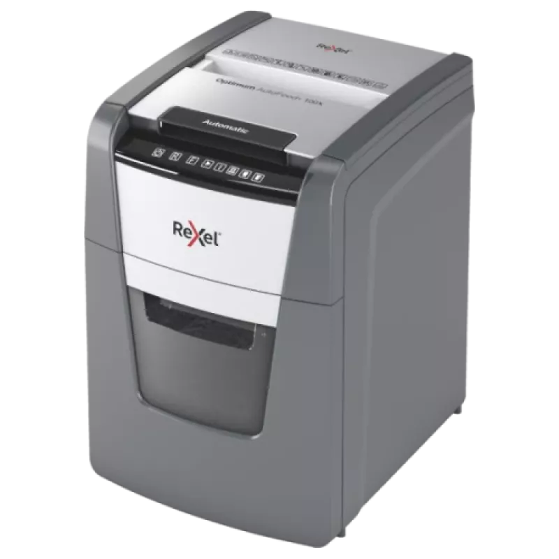 Popieriaus smulkintuvas REXEL Optimum AutoFeed+ 100X — automatinis 100 lapų, kryžminis pjovimas 4 x 28 mm, 34 L krepšelis, aliuminis