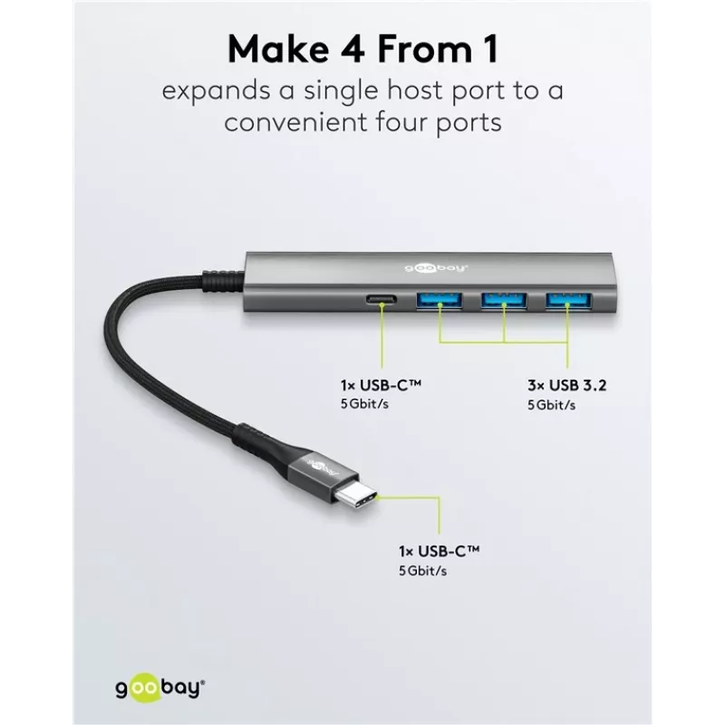 Goobay Slim 4 prievadų USB-Hub USB-C į USB-A 5 Gbit/s - kištukas 1x (76562)