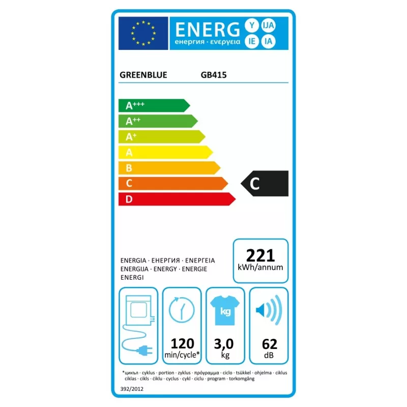 Džiovyklė GreenBlue GB415, kompaktiška buitinė džiovyklė, 3 kg talpa, 830 W, būgnas 260×460 mm, pilka