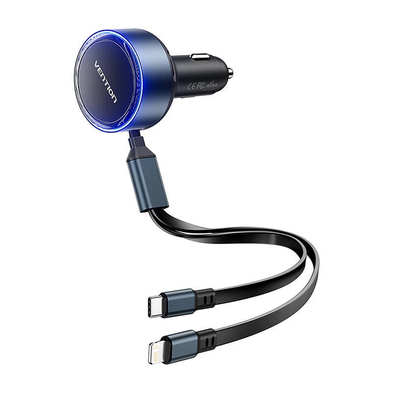 Automobilinis kroviklis Vention FFOB0 30W su USB‑C į Lightning laidu, 30 W išėjimas iPhone įkrovimui