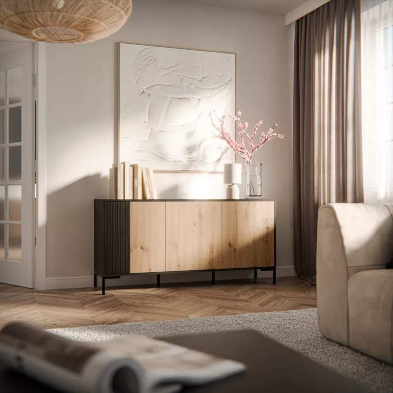 Komoda CAMA MERCI 151 x 40 x 74 cm – juoda / artisan ąžuolas, medžio drožlių plokštė