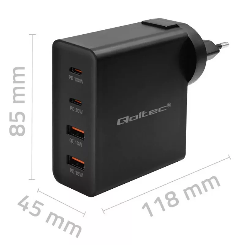 Qoltec GaN POWER PRO Įkroviklis | 2xUSB-C | 2xUSB | 130W | 5-20V | 1.5-5A | XP | Juodas