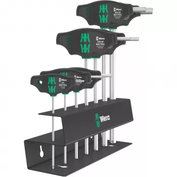 T-rankos rinkinys Wera Series 400 454/7 HF, 7 dalių T-ranka su šešiabriauniais ir atsuktuvų antgaliais