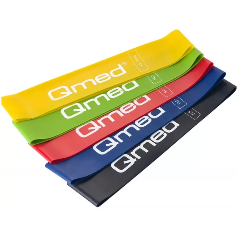 Priešinimo juostų rinkinys MDH DRQM3MYYSETP – 5 kilpinės juostos (50 cm ilgio), lateksas, plotis 5 cm, apkrovos 4,5–31,5 kg
