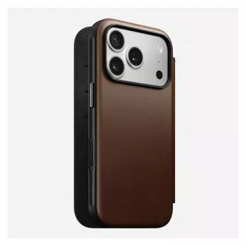 Odininis dėklas su atvartu Nomad Modern Leather Folio, skirtas iPhone 17 Pro, rudos spalvos, tinka 6,3 colio (16 cm) ekranui, 4 kortelių kišenės