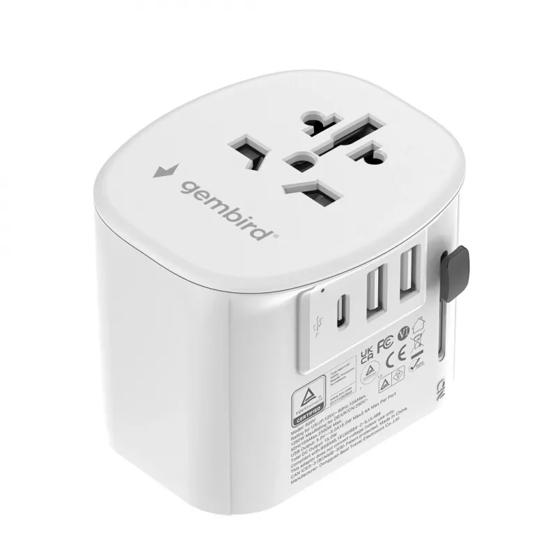 Kelioninis adapteris GEMBIRD TPA-EU2A1C15-01-W — 15W, kištukas E tipas, 2× USB-A + 1× USB-C, 100–250V