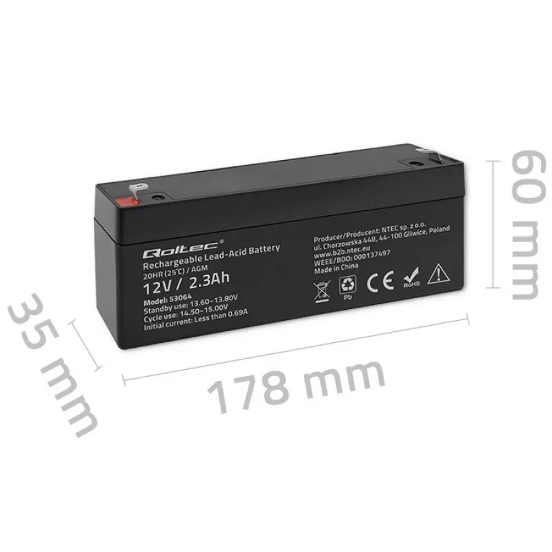 Sandari AGM baterija QOLTEC 12V 2,3Ah UPS ir atsarginėms sistemoms, maks. iškrova 34,5A