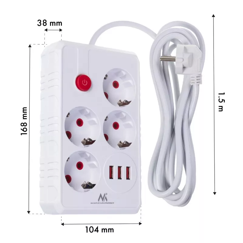 Ilgintuvas MACLEAN MCE392 W – 4 kištukiniai lizdai, 3×USB-A, 110–240V, 2.1A, 2500W, 1,5 m laidas, baltas