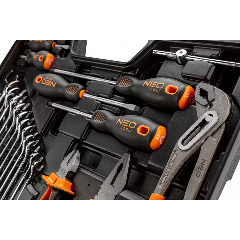 Įrankių rinkinys NEO tools 08-945 142 dalių, 1/4 inch ir 1/2 inch lizdai, su dėklu