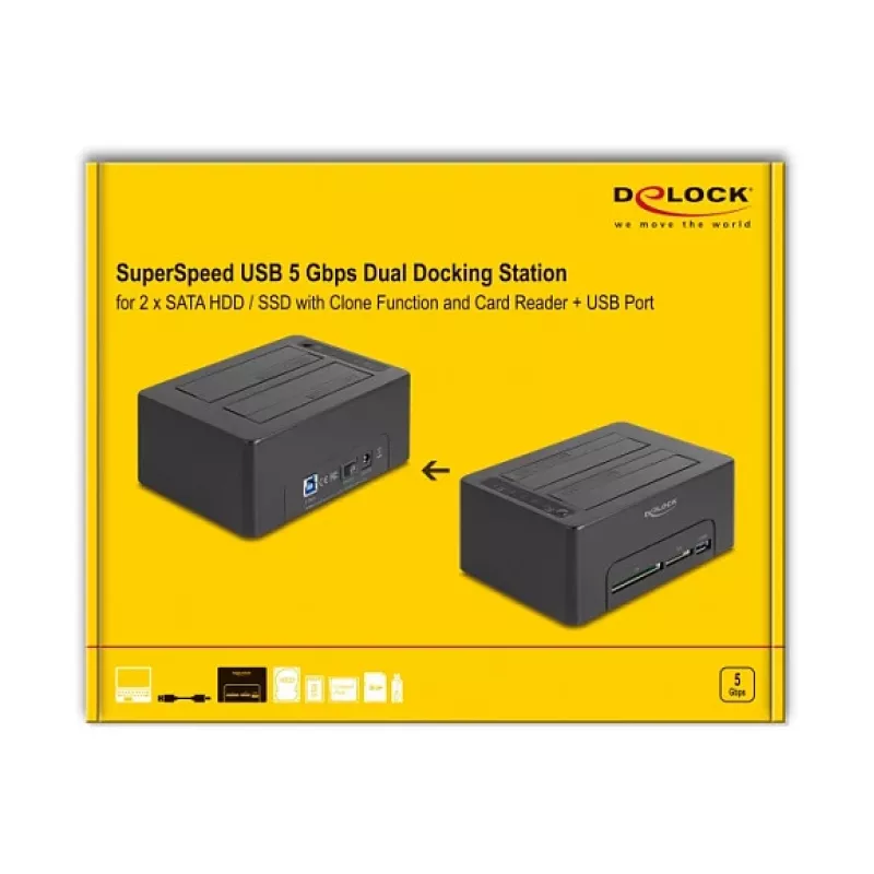 DeLOCK USB dviejų diskų dokavimo stotelė 2 x SATA HDD/SSD su klonavimo funkcija ir kortelių skaitytuvu