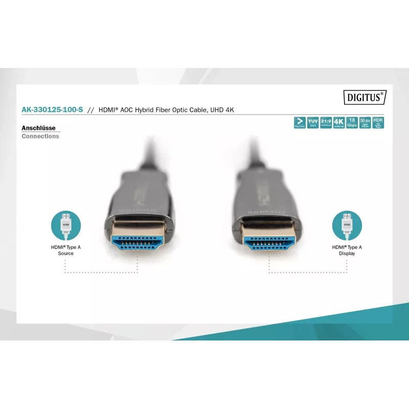 HDMI AOC hibridinis šviesolaidinis laidas Digitus AK-330125-100-S