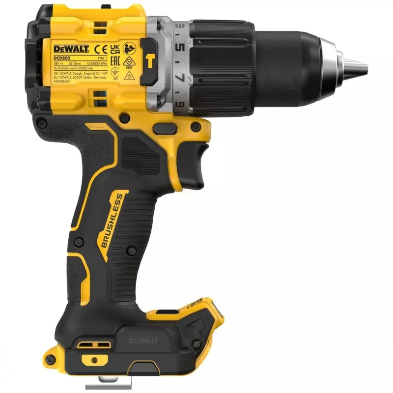 Pistolinis gręžtuvas DeWalt DCD805NT-XJ — 18 V bešepetėlis, 2000 aps./min., 90 N·m, 13 mm griebtuvas, 1,34 kg