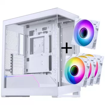 PHANTEKS NV-Series NV5 MK2 ATX korpusas, grūdintas stiklas, DRGB - matinė balta + 3 vnt. M25 Gen2 PWM D-RGB atvirkštinės mentės ventiliatoriai + 1 įprastas ventiliatorius - 120mm